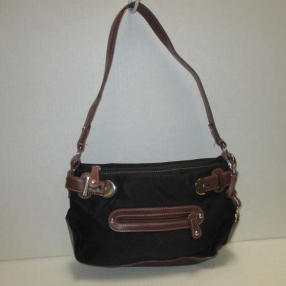 *Etienne Aigner Black Canvas Brown Trim Silver Hardware Shoulder Bag